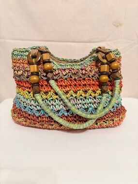 Handwoven Multicolor Straw Tote Bag with Beaded Handles